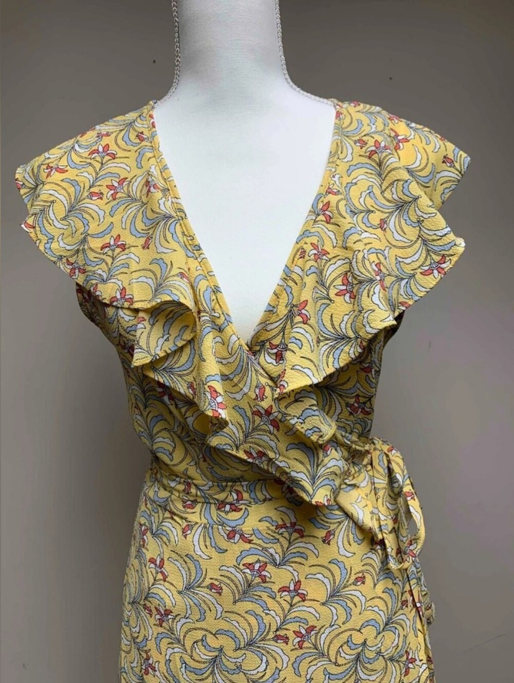 Yellow Floral Ruffle Wrap Dress